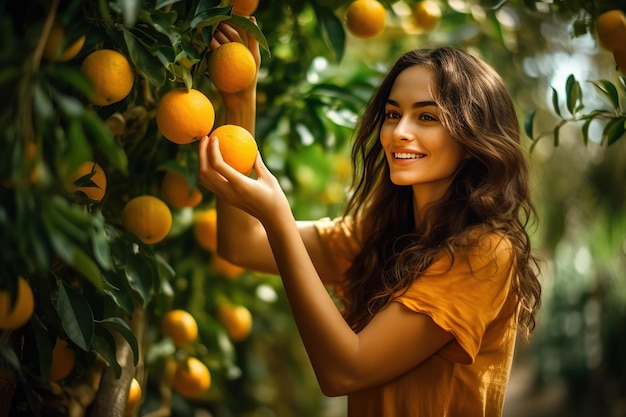 A woman is picking oranges from a tree