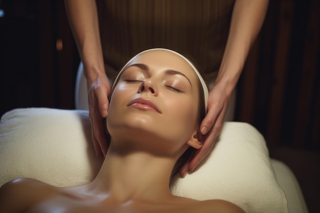 A woman is pictured enjoying a soothing head massage at a relaxing spa Young woman receiving facial massage at spa center AI Generated