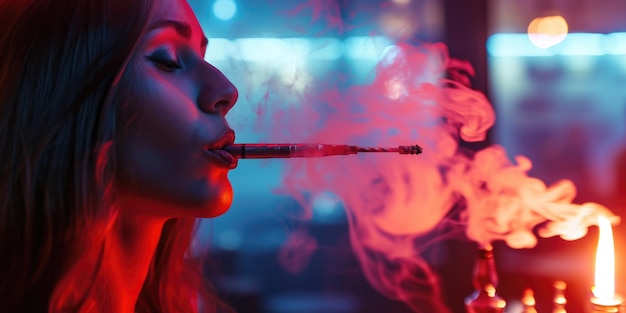 Photo a woman is pictured smoking a cigarette in a bar this image can be used to depict nightlife relaxation or socializing in a bar setting