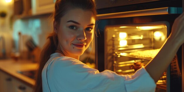 Foto una donna è raffigurata mentre tira qualcosa fuori dal forno questa immagine può essere usata per mostrare la cucina, la cottura o temi relativi alla casa