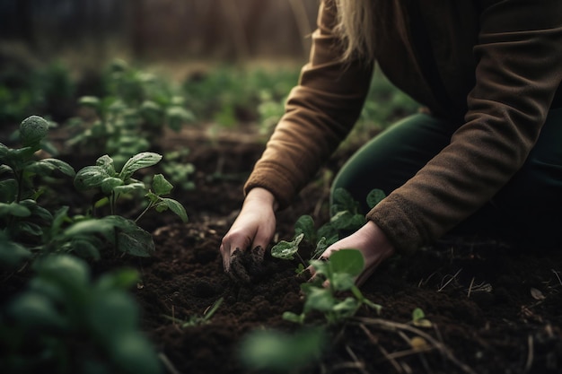 A woman is planting a plant in a field.