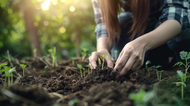 A woman is planting a seed in the dirt