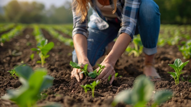 A woman is planting a seed in the dirt