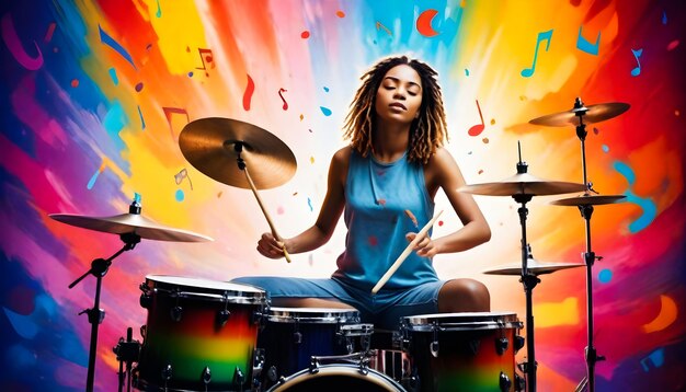 Photo a woman is playing a drum set with a blue shirt on and musical abstract background