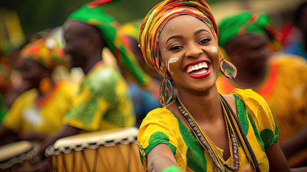 a woman is playing a drum with other people in the background.