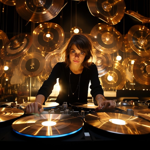 Photo a woman is playing drums with many lights behind her.