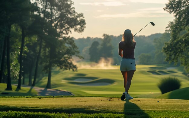 Photo a woman is playing golf on a golf course