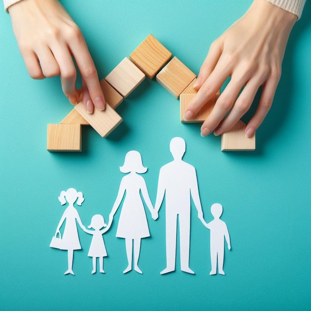 a woman is playing with a family and a piece of wood