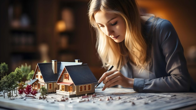 Foto una donna sta giocando con una casa modello