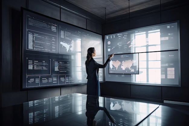 A woman is pointing at a screen in a museum