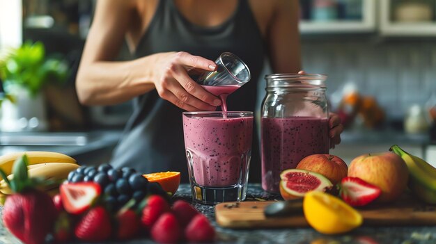 A woman is pouring a healthy smoothie from a glass pitcher into a glass