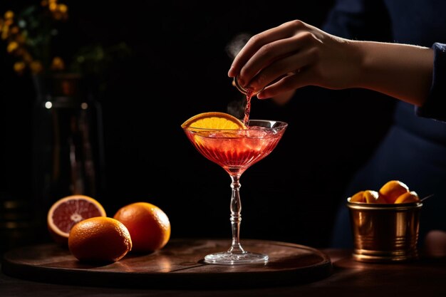 A woman is pouring a red cocktail into a glass wi