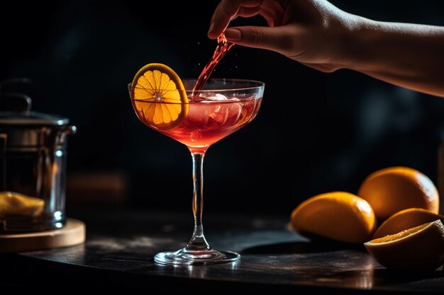 A woman is pouring a red cocktail into a glass wi