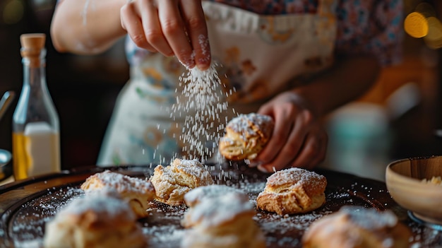 Photo a woman is pouring sugar into a doughnut