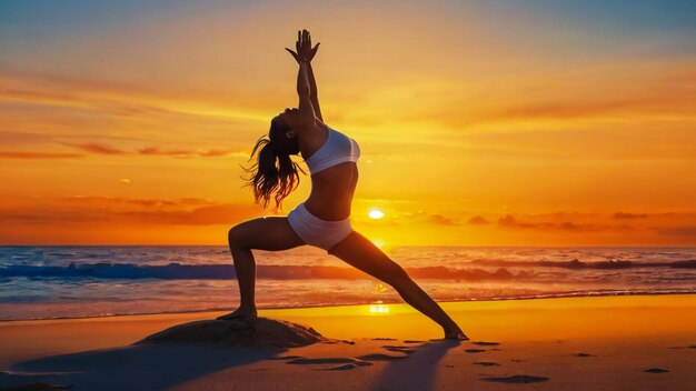 Photo a woman is practicing yoga on the beach at sunset