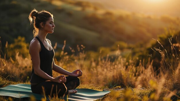 Woman is practicing yoga in a lotus pose meditating peacefully during sunset in a serene outdoor setting