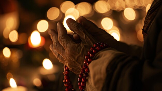 Foto una donna sta pregando con un rosario nelle mani