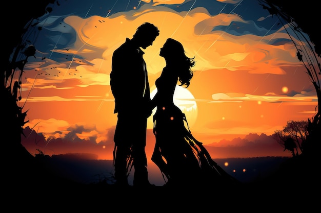 Photo a woman is proposing to another man at sunset in the style of dark skyblue romantic emotion