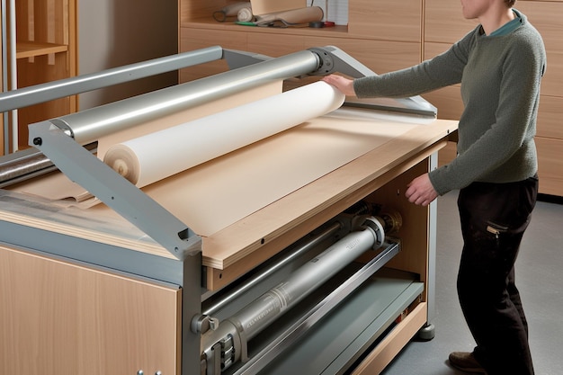 A woman is pulling a large printer from a large printer.