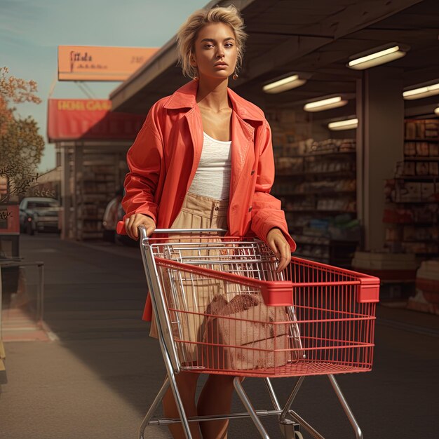 a woman is pushing a shopping cart with a shopping bag