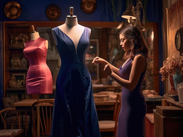 女性がダークピンクとインディゴのスタイルで店でマネキンにドレスを着ている
