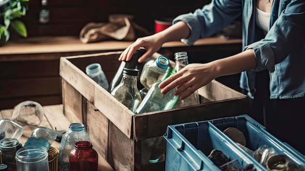 A woman is putting empty bottles into a crate.