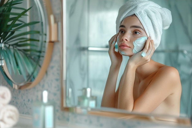 A woman is putting on makeup in front of a mirror