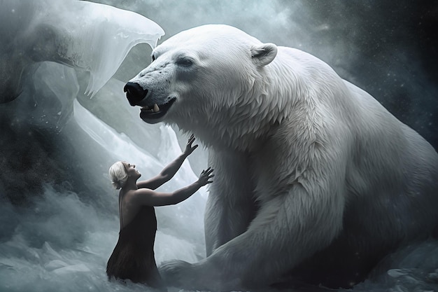 A woman is reaching out to a large polar bear.