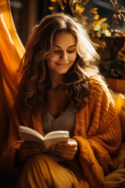 Фото Женщина читает книгу в уютном месте