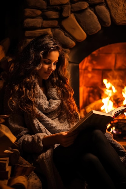 Woman is reading a book in cozy place