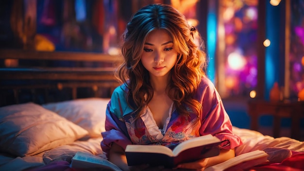 a woman is reading a book in front of a blurry background