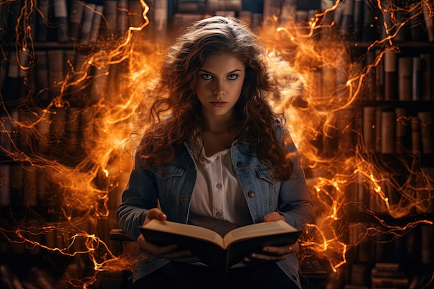 A woman is reading a book in a library