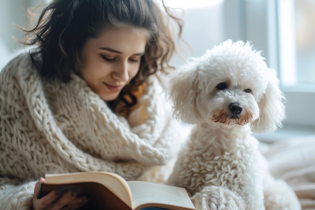 A woman is reading a book while sitting on a bed with her white dog