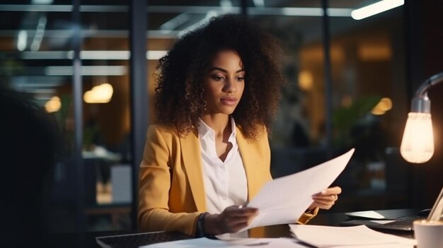 a woman is reading a document in front of a window