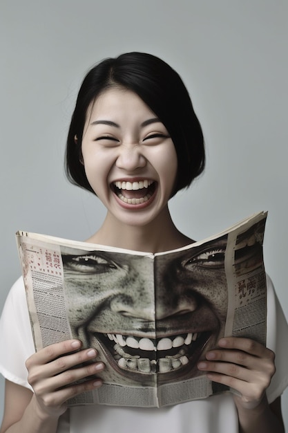 A woman is reading a newspaper with a picture of a smiling face.