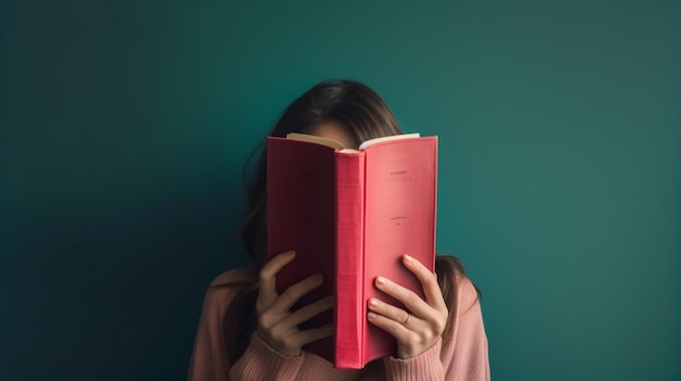 A woman is reading a red book with the word book on the front.