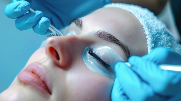A woman is receiving eyebrow treatment from a dentist in a beauty salon