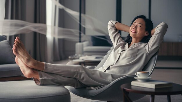 Photo a woman is relaxing on a couch with her arms stretched out