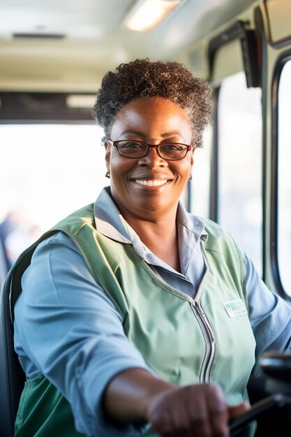 a woman is riding a bus with a green jacket on