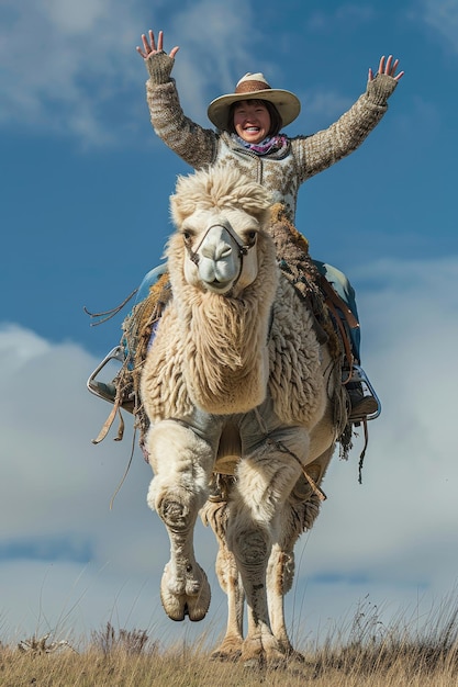 A woman is riding a camel and is waving her arms