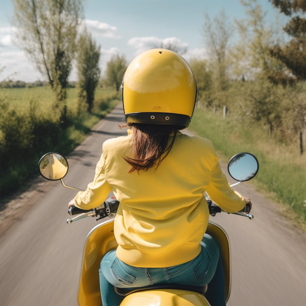 Photo a woman is riding a yellow motorcycle with a yellow helmet.