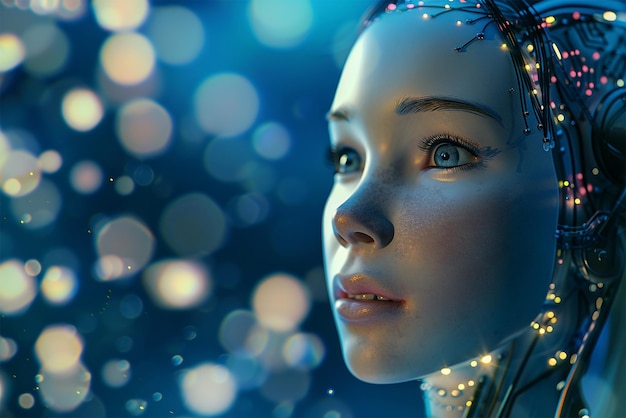 Foto una donna ha un volto robotico con un background tecnologico