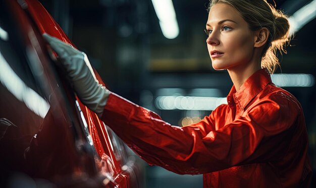 Photo the woman is rubbing the car with wax in the style of energetic brush strokes