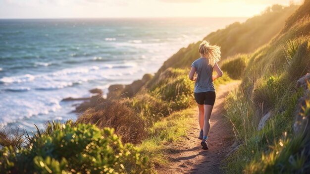 A woman is running down a path next to the ocean AIG41