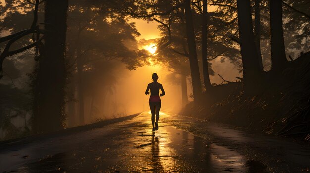 A woman is running on a forest road after rain It conveys the idea that life is full of challenges