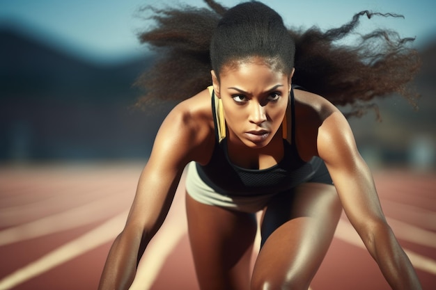 A woman is running on a track with her arms outstretched