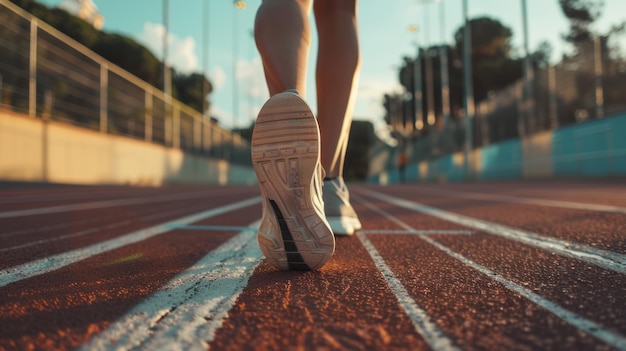 A woman is running on a track with her feet in the air