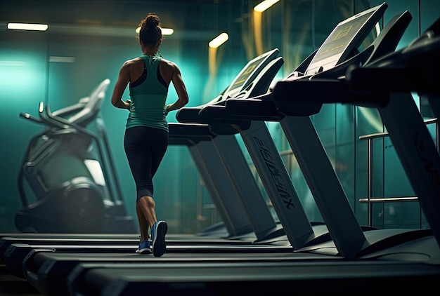 A woman is running on tread machines in a gym in the style of