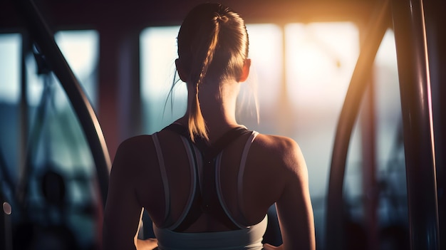 A woman is running on a treadmill in a gym.