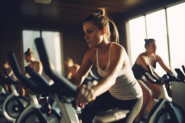 a woman is running on a treadmill and looking at her personal trainer.